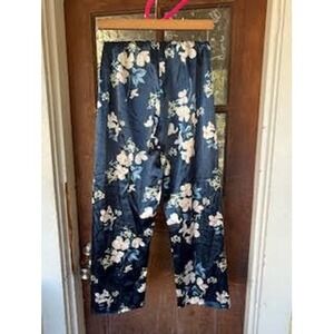 Navy Blue Floral Satin Pajama Pants Elastic Waist Relaxed Lounge Bottoms Size M